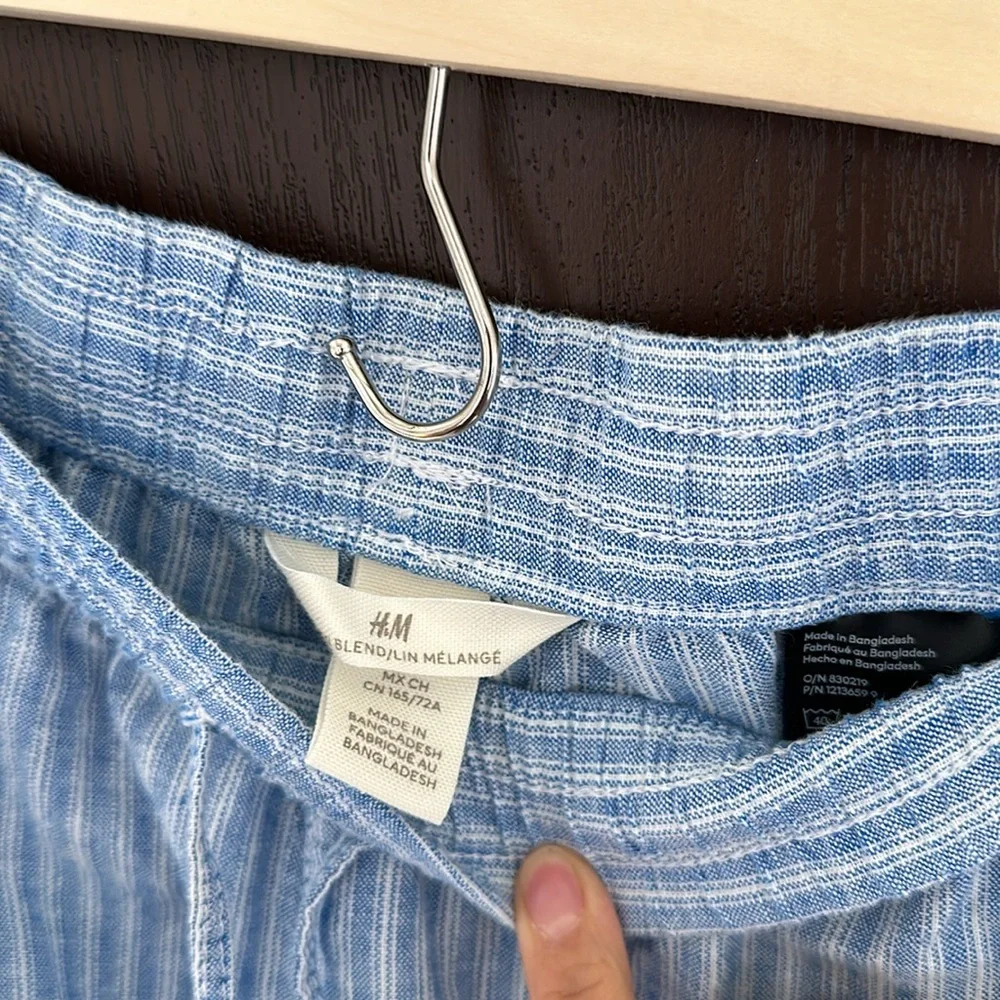 H&M Blue Striped Linen Blend Pants Relaxed Fix Pants Size S Coastal Grandmother